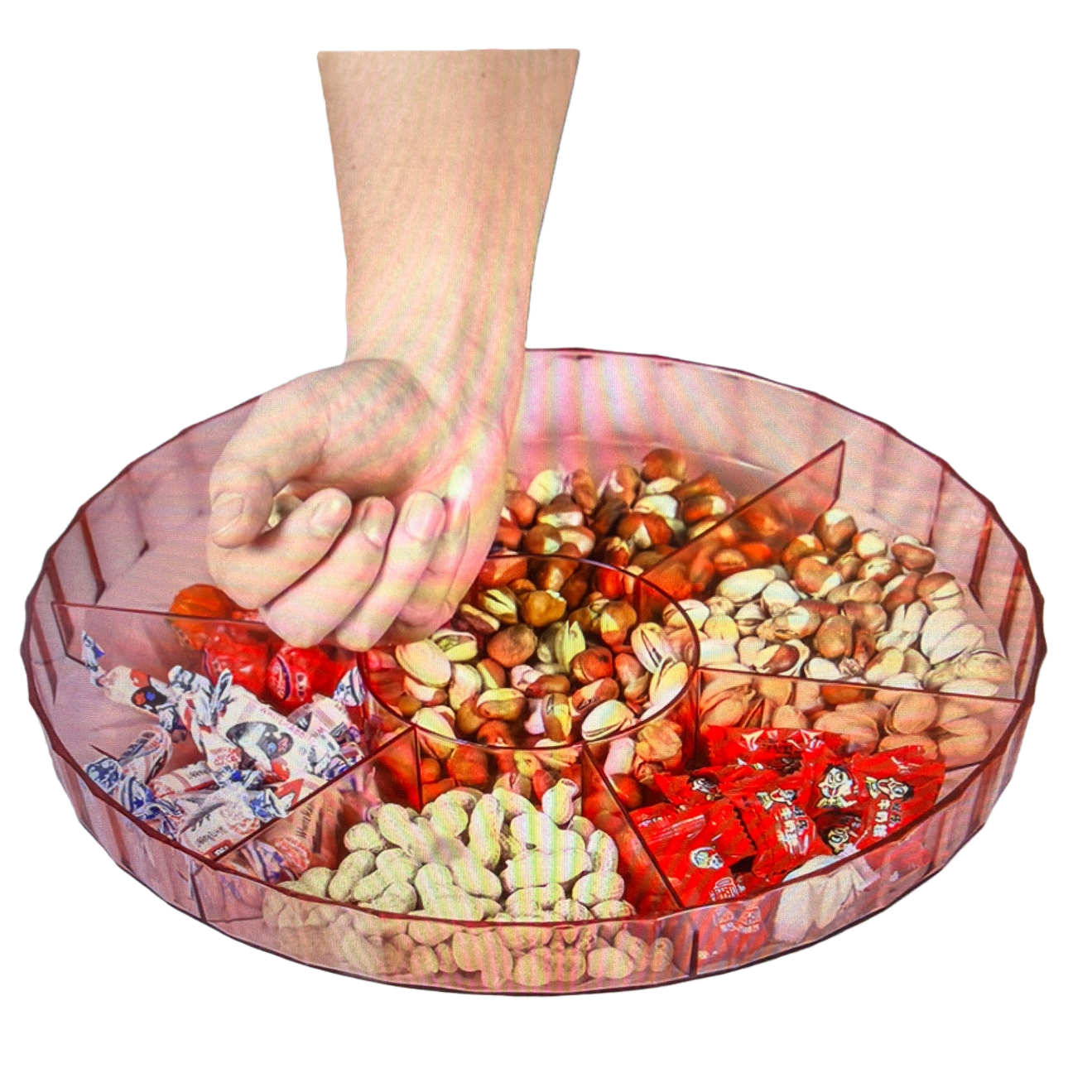 A red compartments fruit plate for nuts and candies, a home living room coffee table and snack storage plate Item Picture