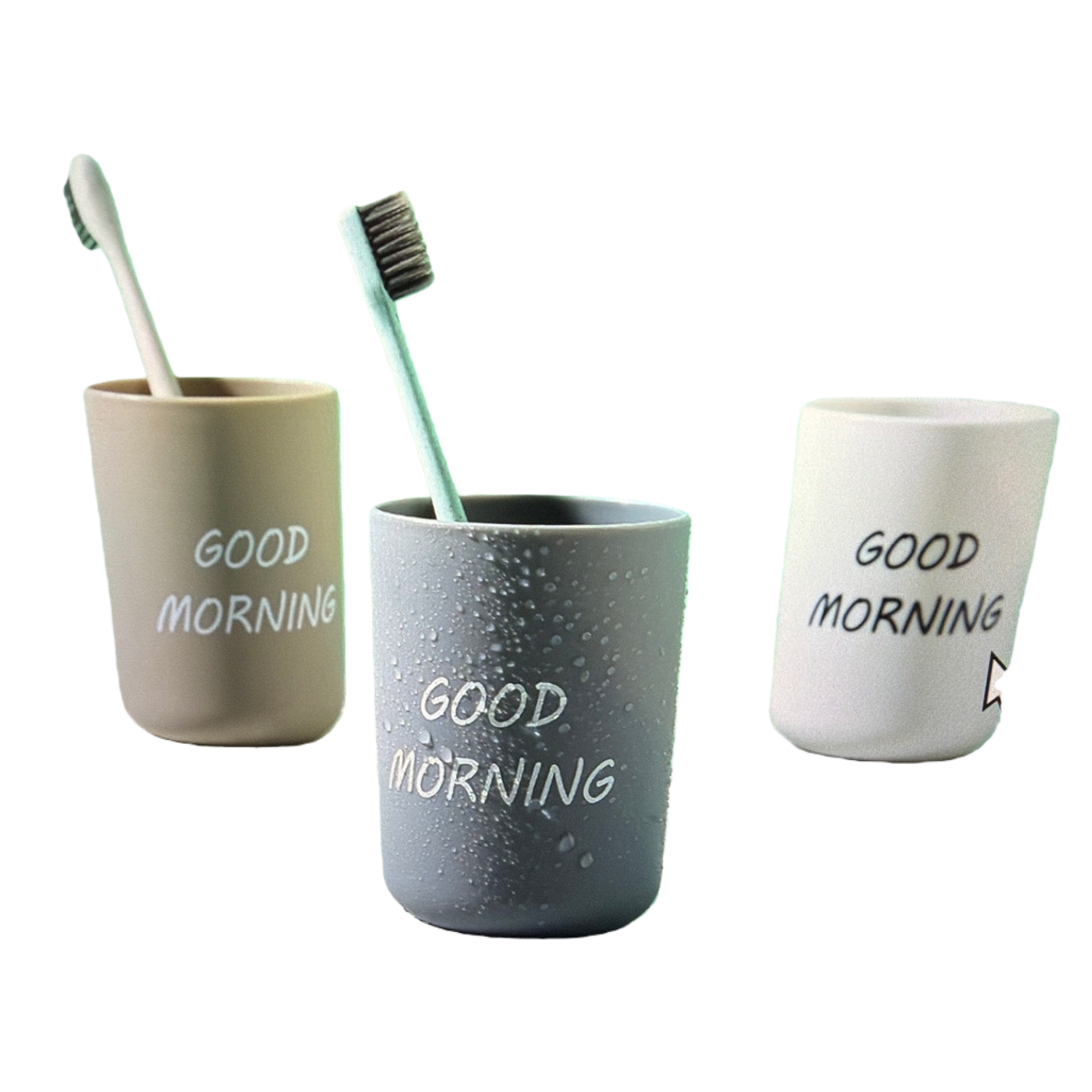 GOOD MORNING Green Background Mouthwash Cup set with two toothbrushes and water droplet design Item Picture