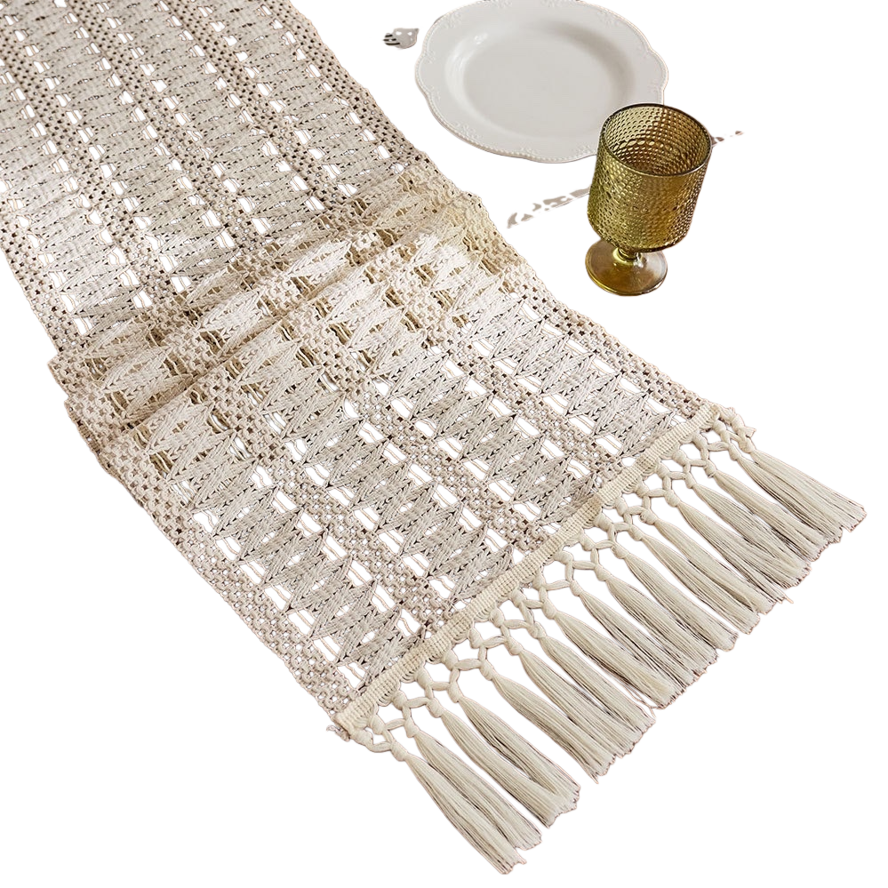 The off-white crocheted table flag is decorated with tassels Item Picture