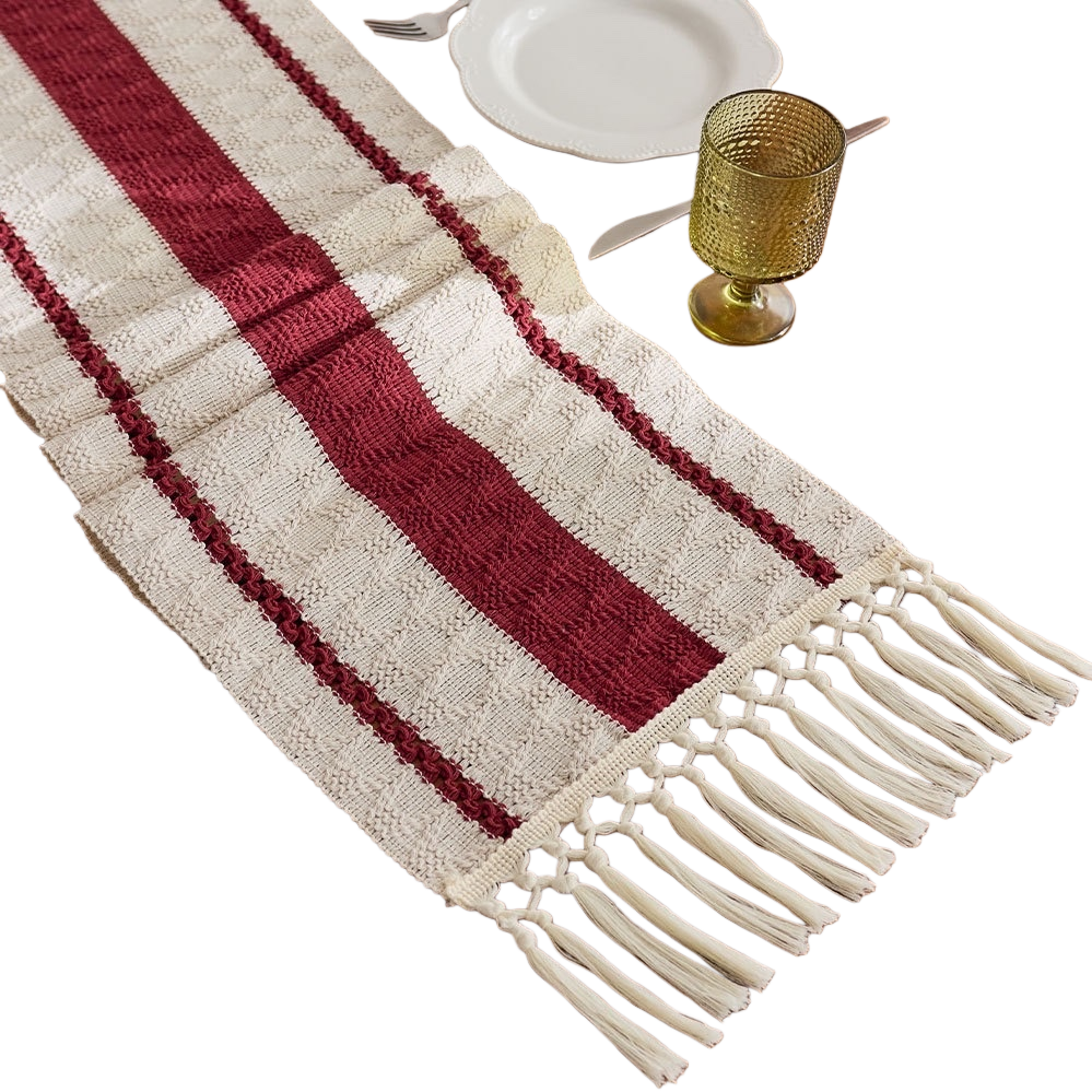 Red and white striped tassel table flag, Nordic-style living room dining table decoration fabric, linen blend Item Picture
