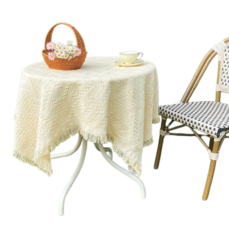 Beige tassel decorated round table cloth, 120cm diameter, linen blend anti-slip tablecloth Item Picture