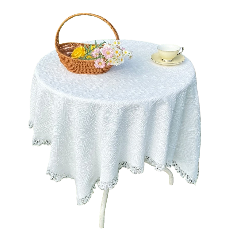 White round table tablecloth with anti-slip thickened cotton and linen material, diameter 150cm Item Picture