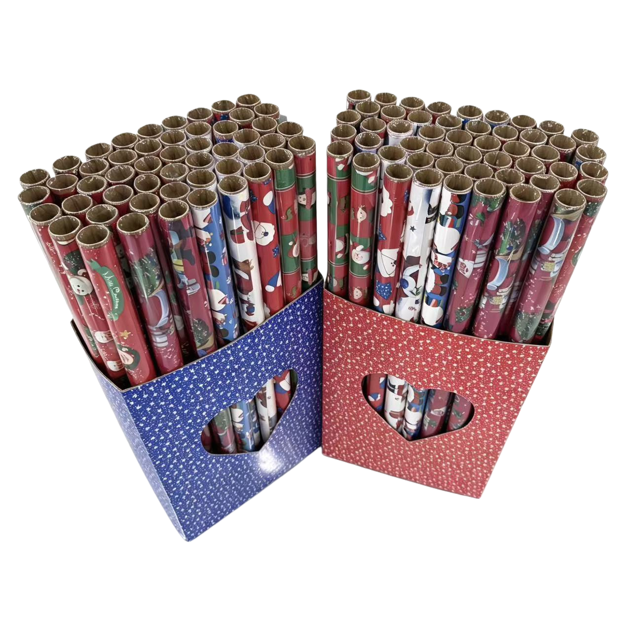 Two boxes of blue and red star-dotted heart-shaped hollowed-out gift boxes with colorful Christmas-themed roll wrapping paper Item Picture