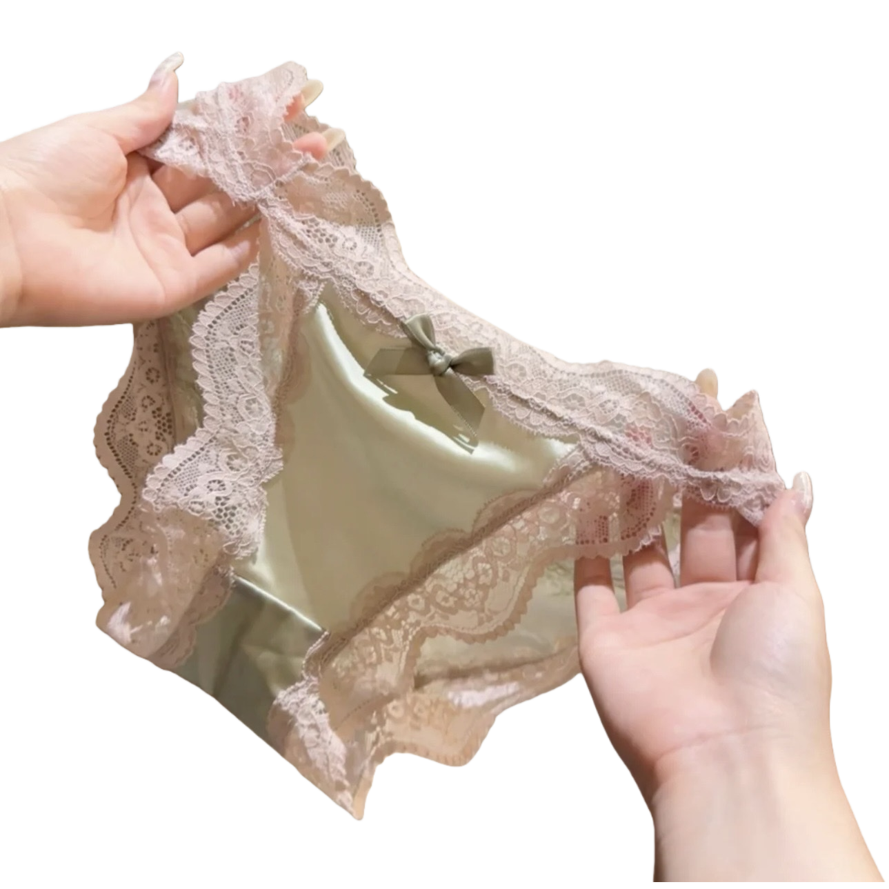Pink lace underwear for women, green bow decoration, pure cotton, comfortable and breathable Item Picture