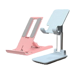 A pink and white desktop folding stand with adjustable height for laptops and tablets Item Picture