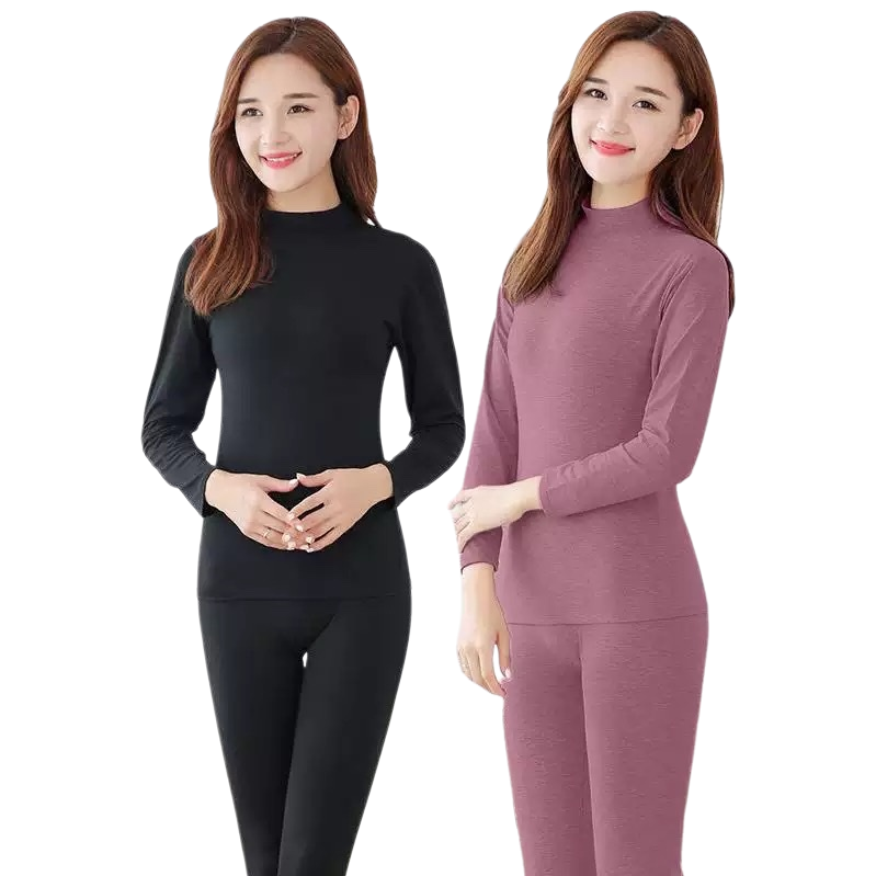 Black and purple long-sleeved high-neck thermal underwear set, the same style as the model Item Picture