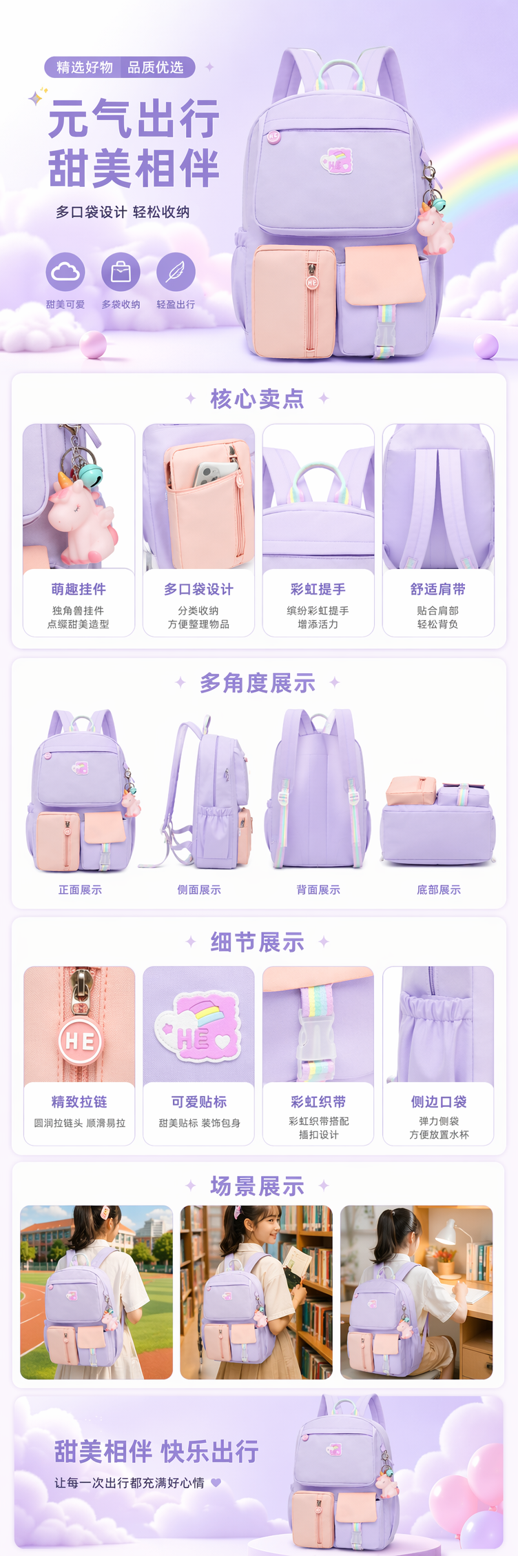 淡紫色双肩包时尚百搭轻便大容量学生通勤休闲背包 pic 1