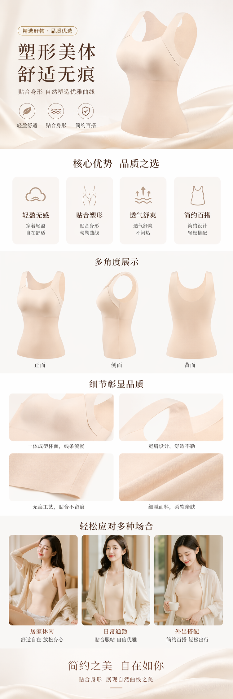 米色无痕内衣保暖背心女纯棉舒适透气基础款 pic 1