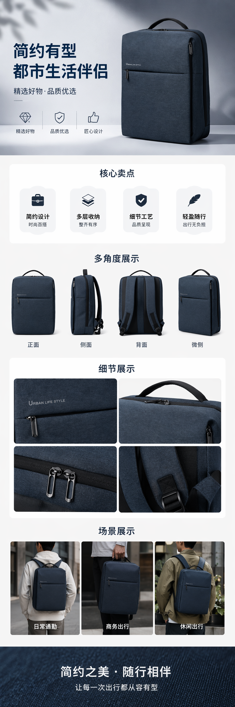 深蓝色大容量轻便时尚通勤背包 pic 1