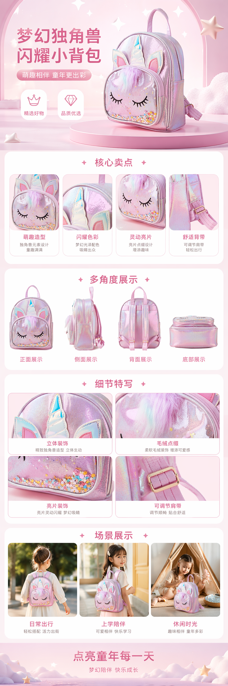 粉色独角兽主题背包 女生可爱轻便大容量学生通勤书包 pic 1