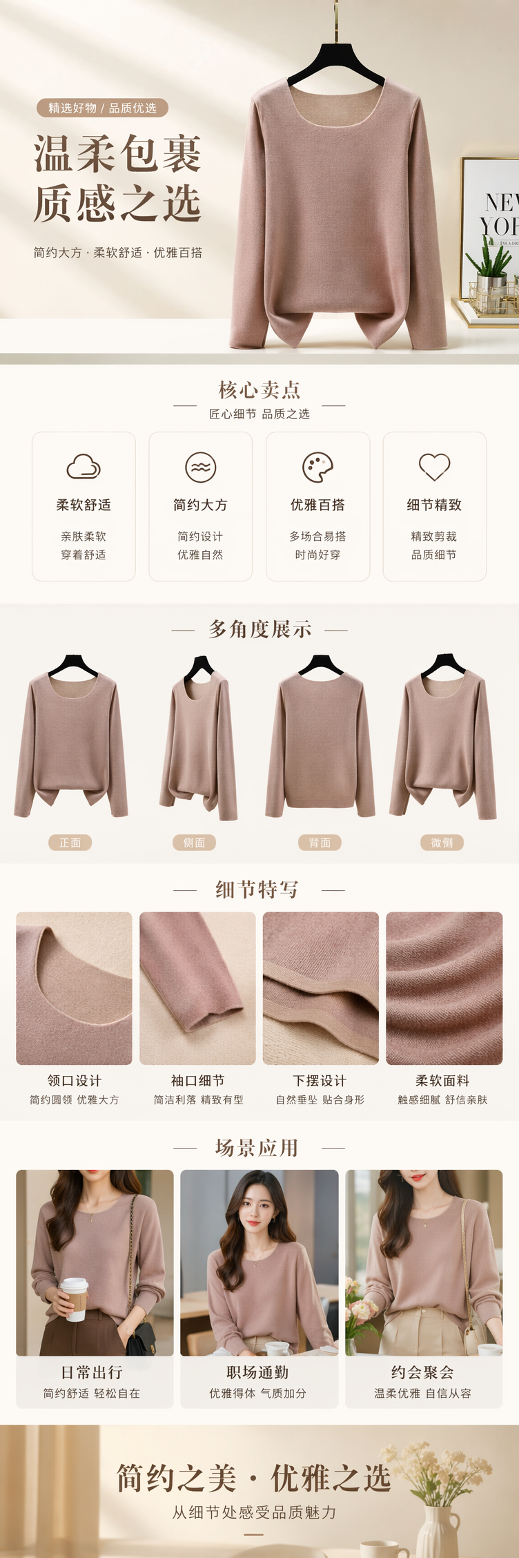 粉色保暖长袖上衣女春秋季薄款针织打底衫 pic 1