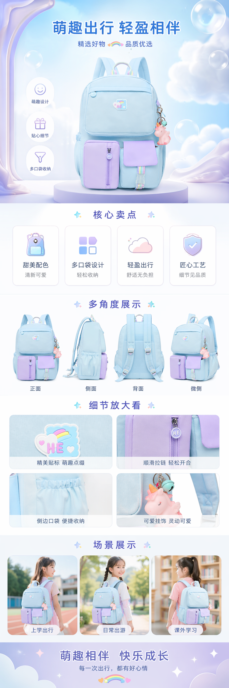 浅蓝色双肩包配紫色前袋彩虹装饰学生通勤休闲背包 pic 1