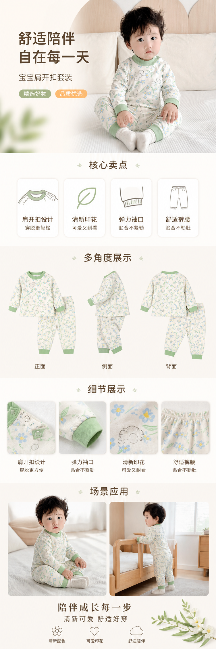 婴儿蓝白碎花绿边睡衣套装详情1