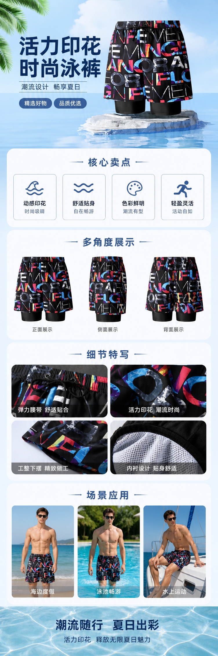 彩色字母印花沙滩短裤 男款速干休闲五分裤 夏季新款详情1