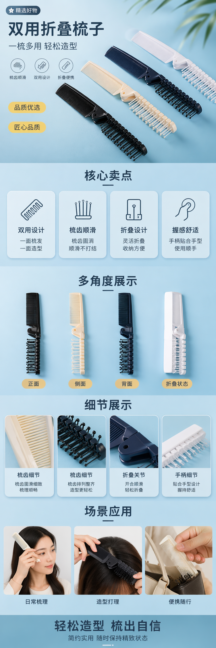 高双弹用黑色白色米色深蓝折叠梳子详情1