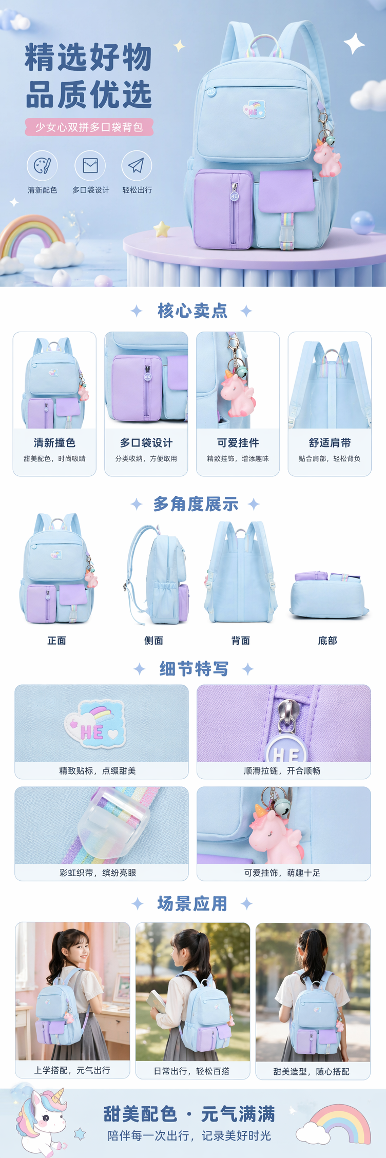 浅蓝色双肩包配紫色前袋独角兽挂件 pic 1