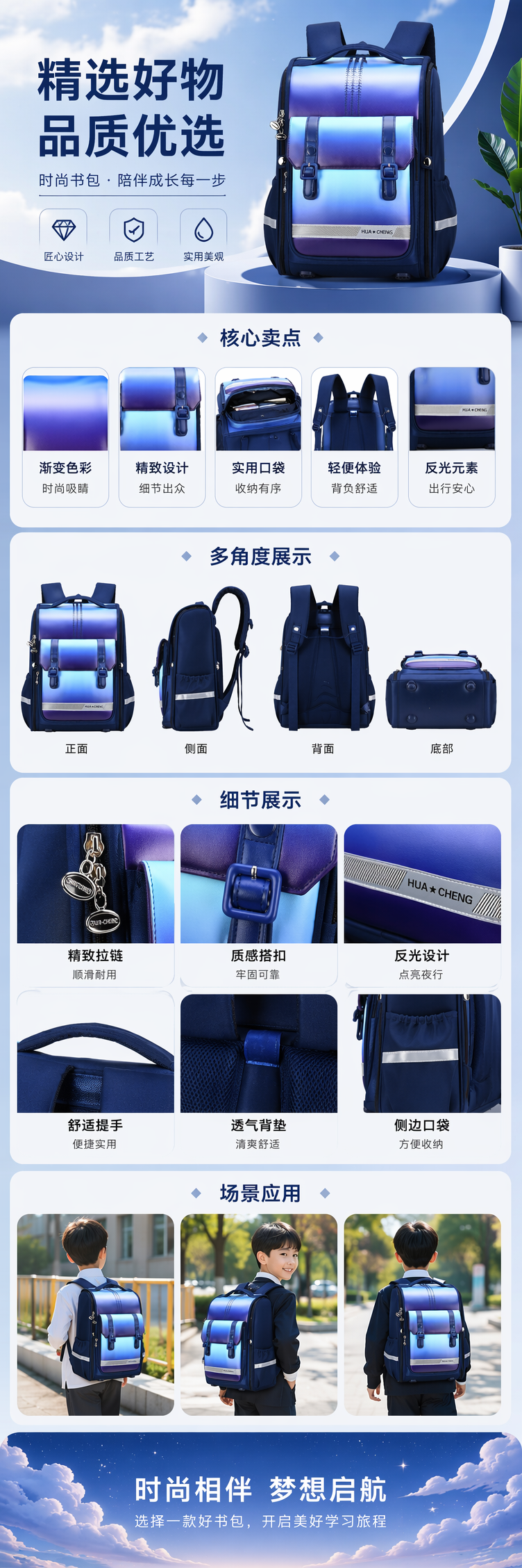 蓝色渐变儿童书包轻便耐磨大容量学生上学背包 pic 1