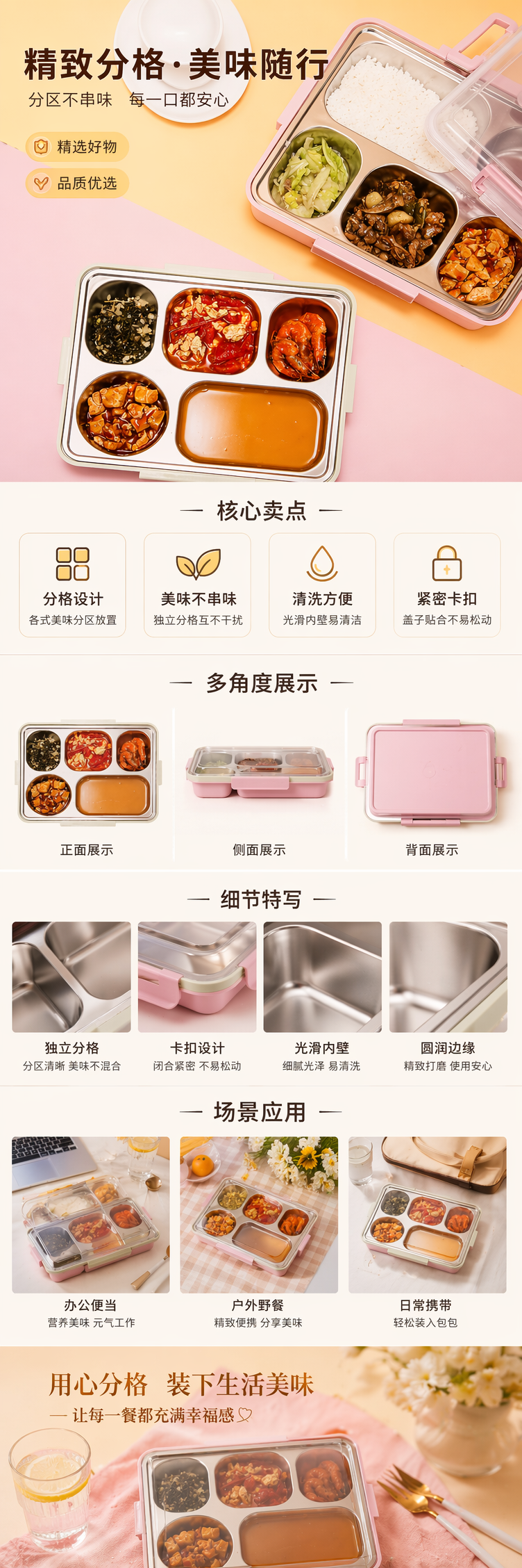 分格餐盒装多道菜肴便当盒可拆卸分区设计便携式详情1