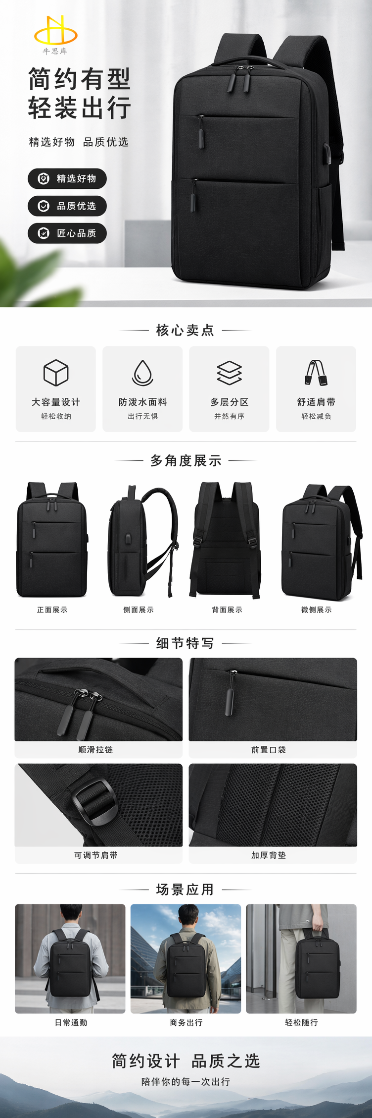 黑色双肩包轻便大容量学生通勤旅行背包男女同款 pic 1