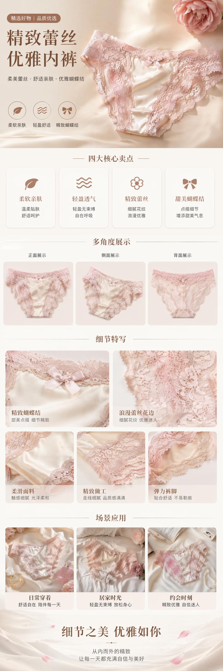 Pink lace underwear for women, sexy and slimming, made of high-elasticity cotton blend pic 1