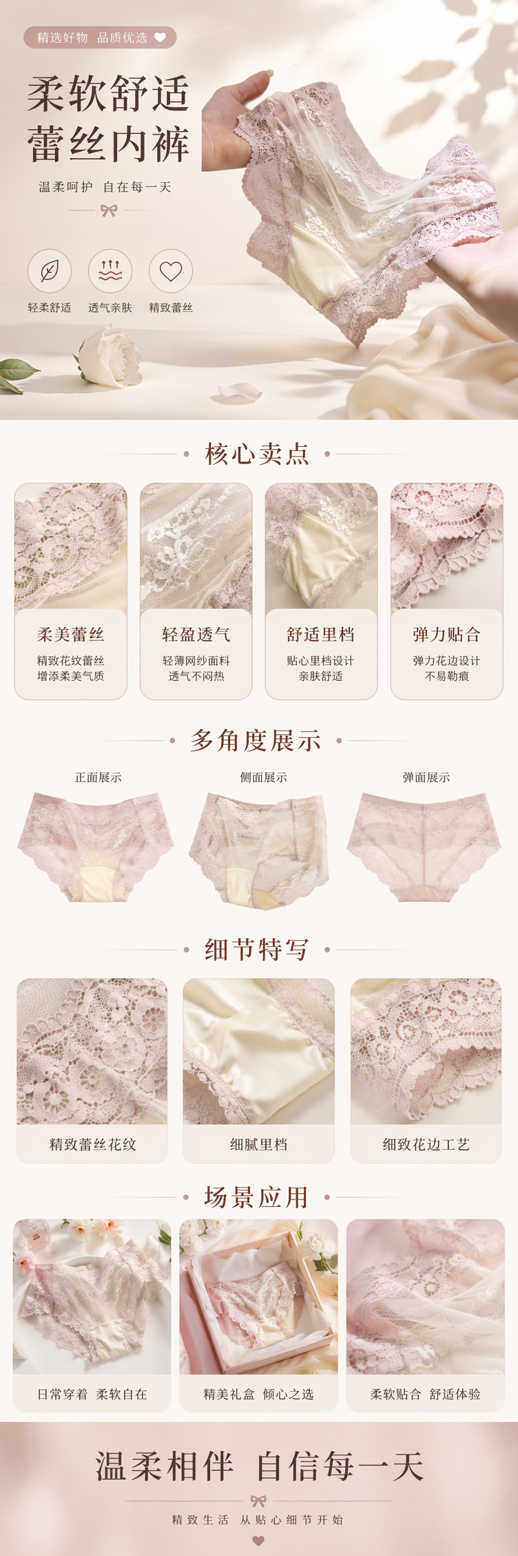 Pink lace women's underwear, pure cotton, breathable, comfortable, seamless, low waist pic 1