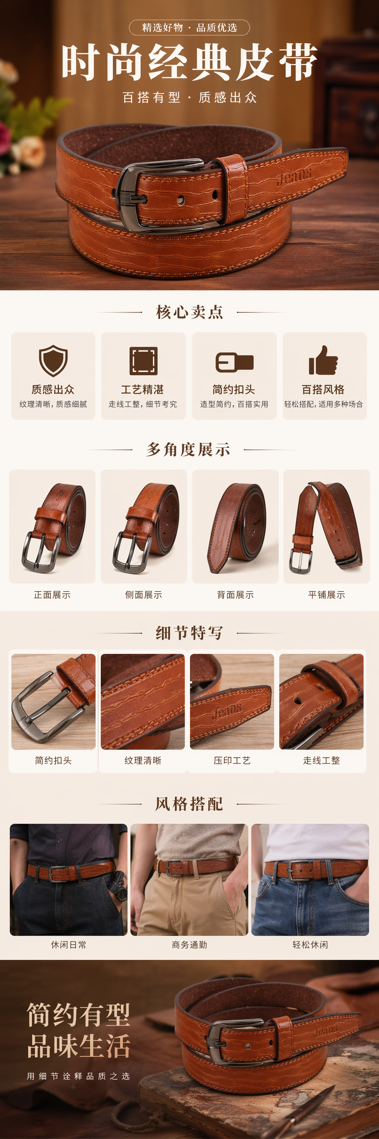 棕色真皮男士腰带 时尚简约商务休闲皮带 宽3.5cm详情1