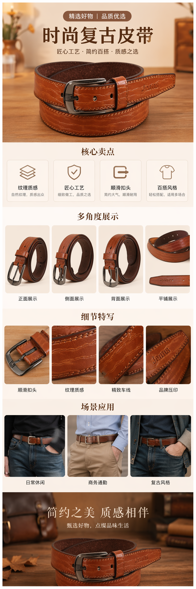 棕色纹理真皮皮带 男士简约商务腰带 3.5cm宽可调节详情1