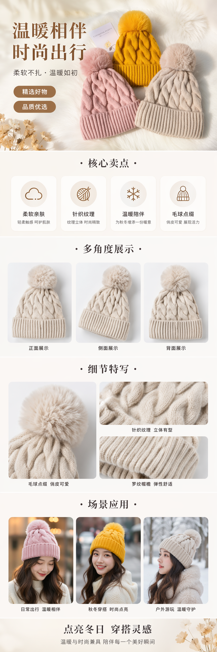 彩色毛线帽带毛球装饰保暖针织女秋冬毛绒帽 pic 1