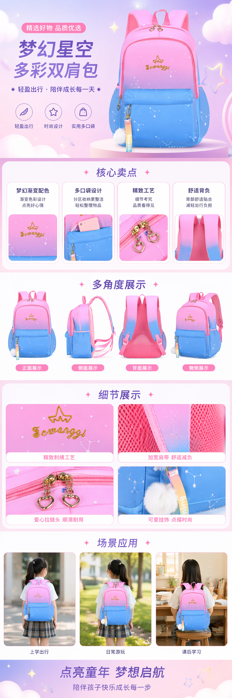 粉色渐变蓝色星空图案双肩包 pic 1