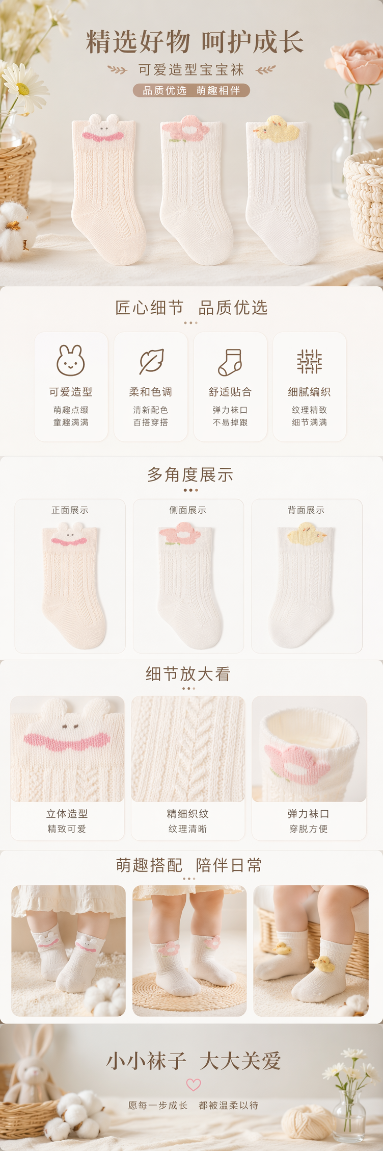 三双彩色针织袜子 兔子花朵小鸭可爱图案袜口 男女同款详情1