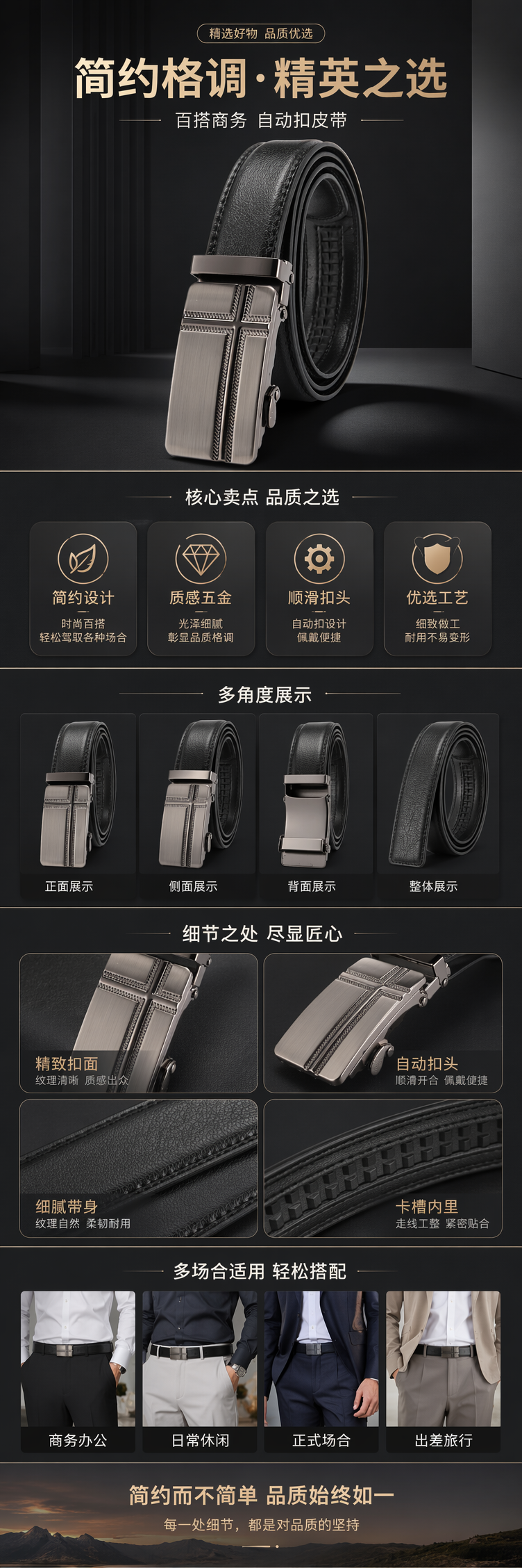 黑色皮带配金属自动扣 男士商务休闲腰带真皮简约百搭详情1