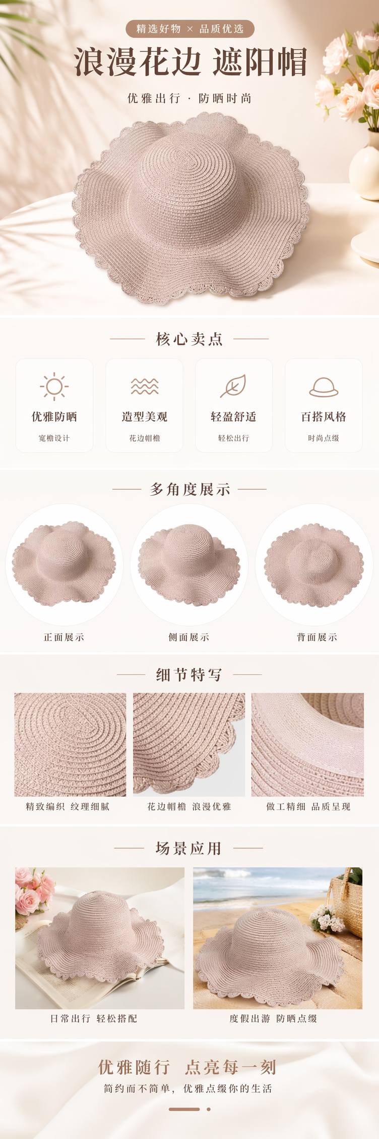 粉色草编宽檐帽女夏季防晒遮阳帽透气休闲度假草帽详情1