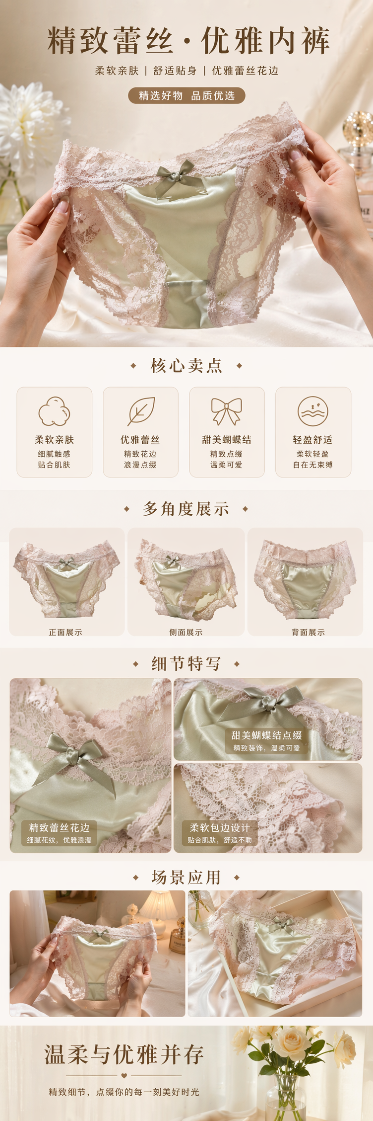 Light pink lace-trimmed beige satin underpants with green bow decoration on the waist side pic 1