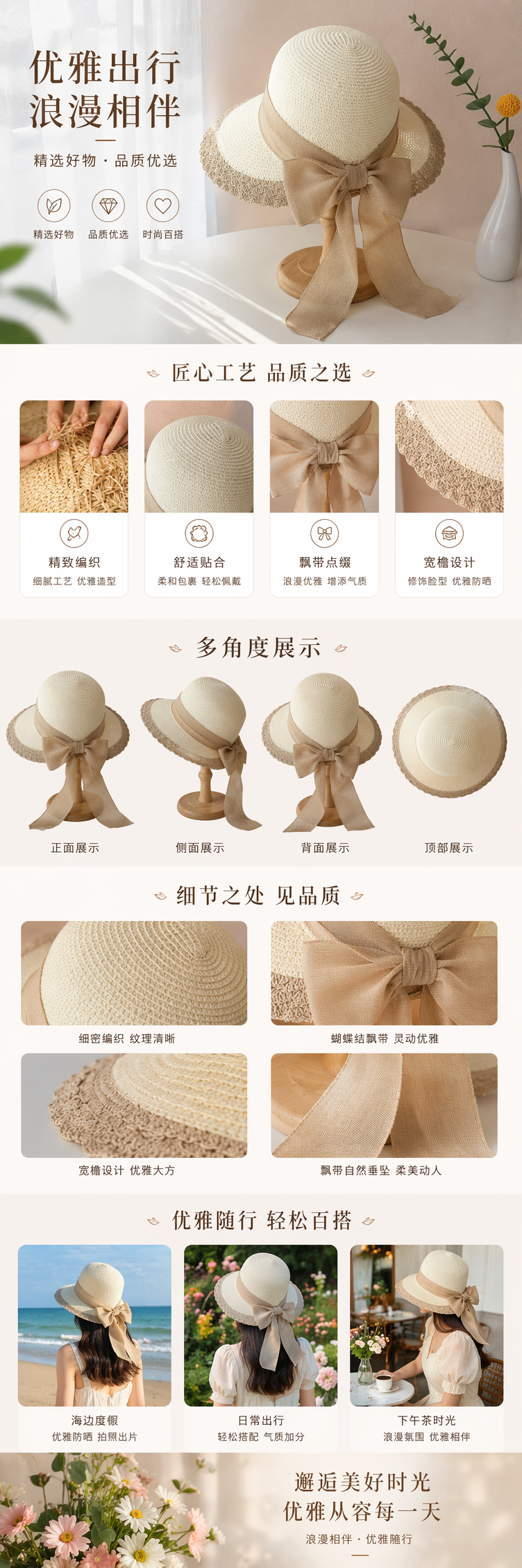 米白色草编帽配麻布蝴蝶结夏季遮阳防晒女帽帽子女夏天韩版详情1