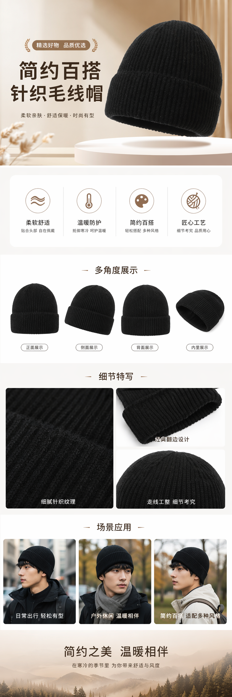 黑色针织帽 保暖毛线帽秋冬男女通用简约百搭 pic 1