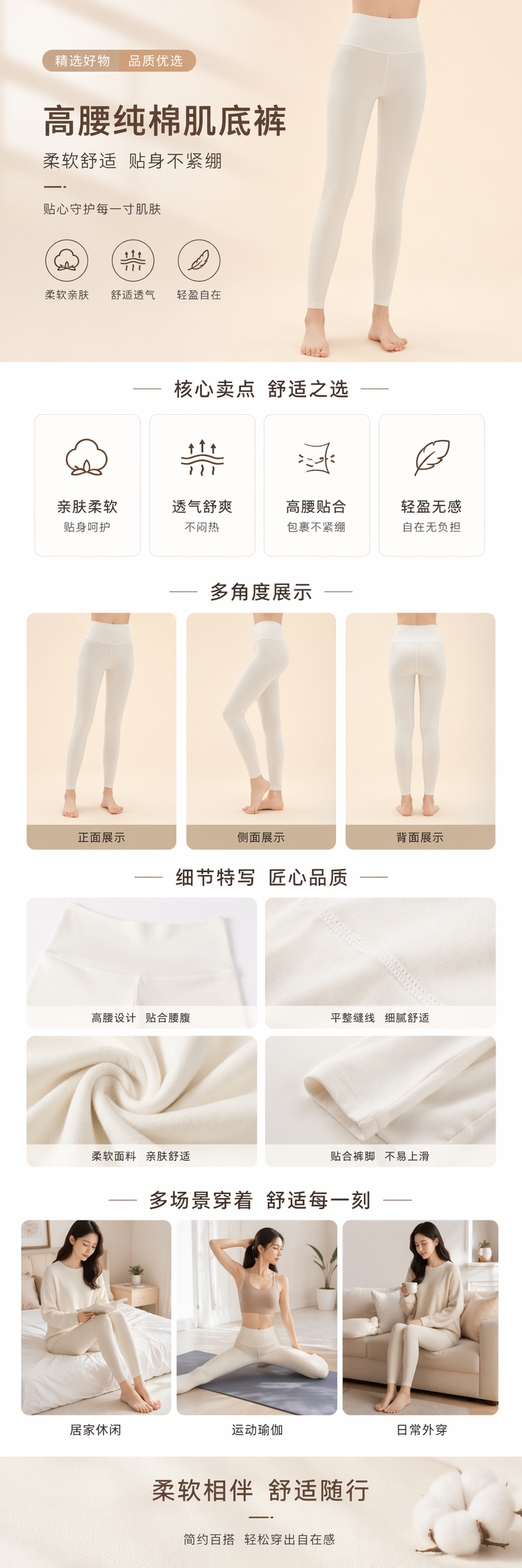 白色高腰纯棉肌底裤 女士基础打底内裤舒适透气无痕详情1