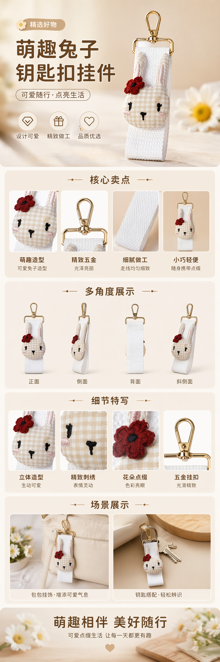 格纹兔子造型钥匙扣可爱毛绒挂件时尚配饰 pic 1