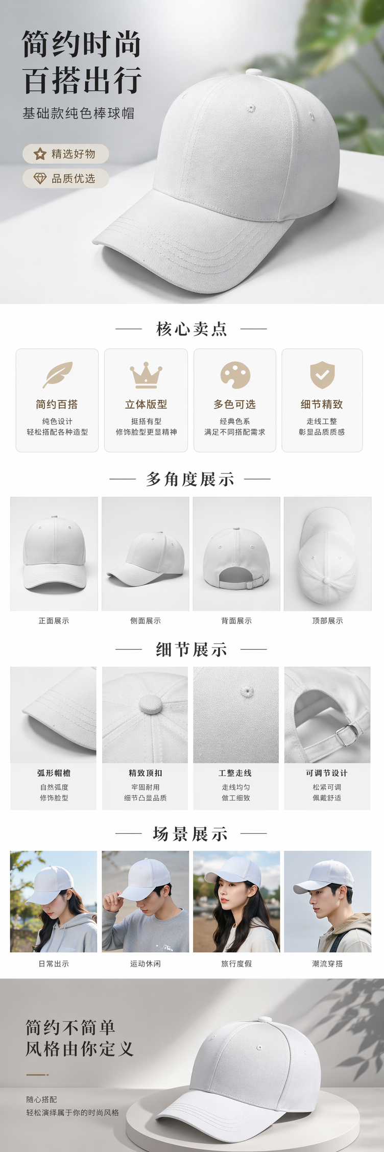 白色棒球帽 男女通用 透气纯棉可调节帽檐帽子女夏天韩版详情1