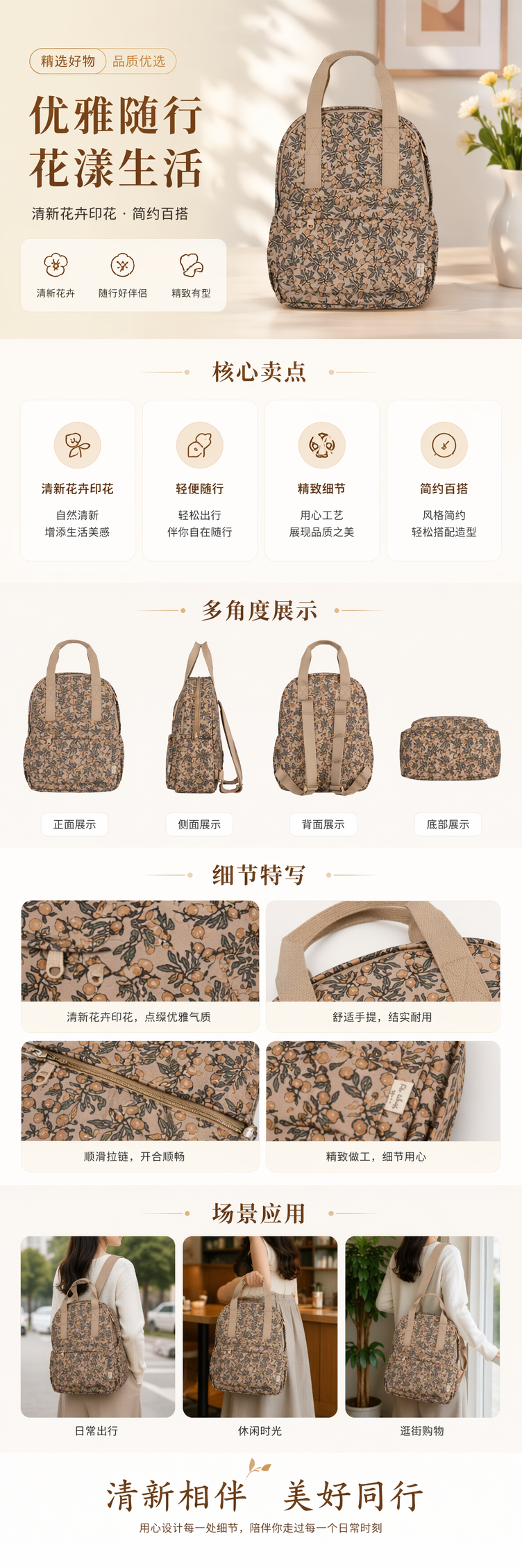 米色花卉图案女士休闲背包时尚轻便大容量 pic 1