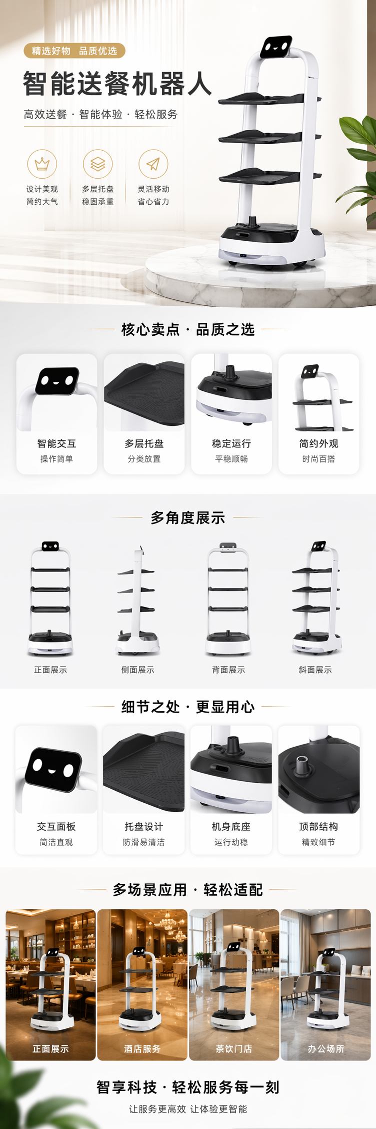 【六区】白色送餐机器人 四层黑色托盘 底部带轮子传感器 顶部显示屏摄像头详情4