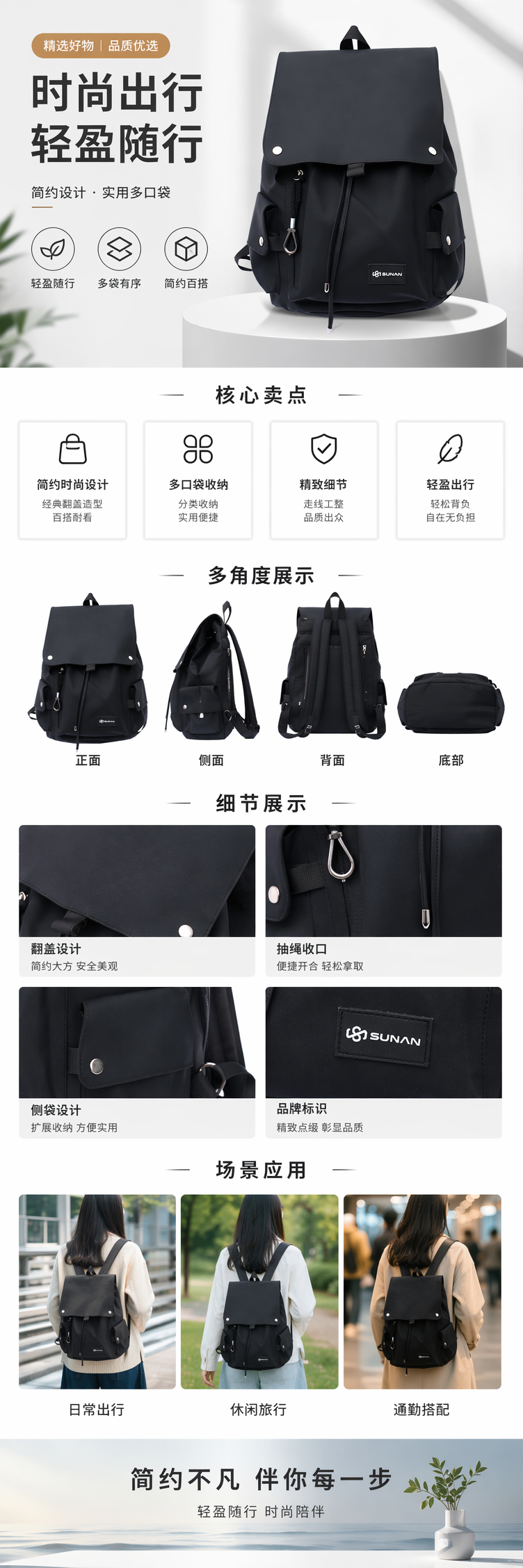 黑色双肩包尼龙防水通勤商务简约风男女通用 pic 1