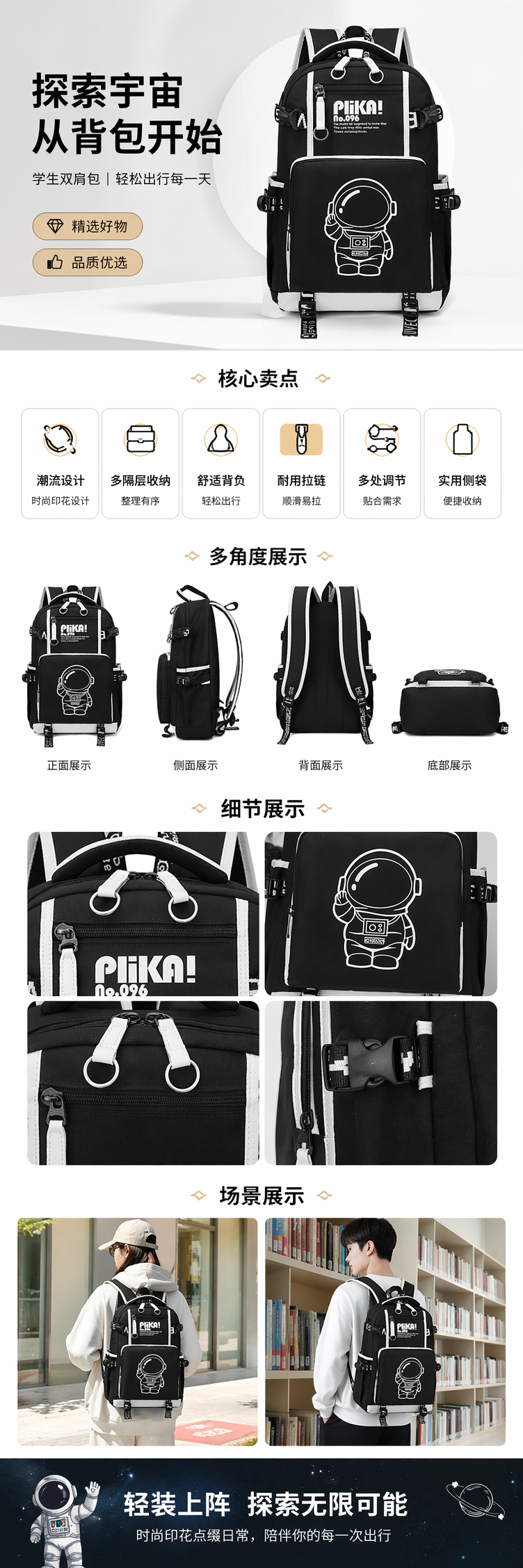黑色双肩包正面白色宇航员图案Plika! No.096 pic 1