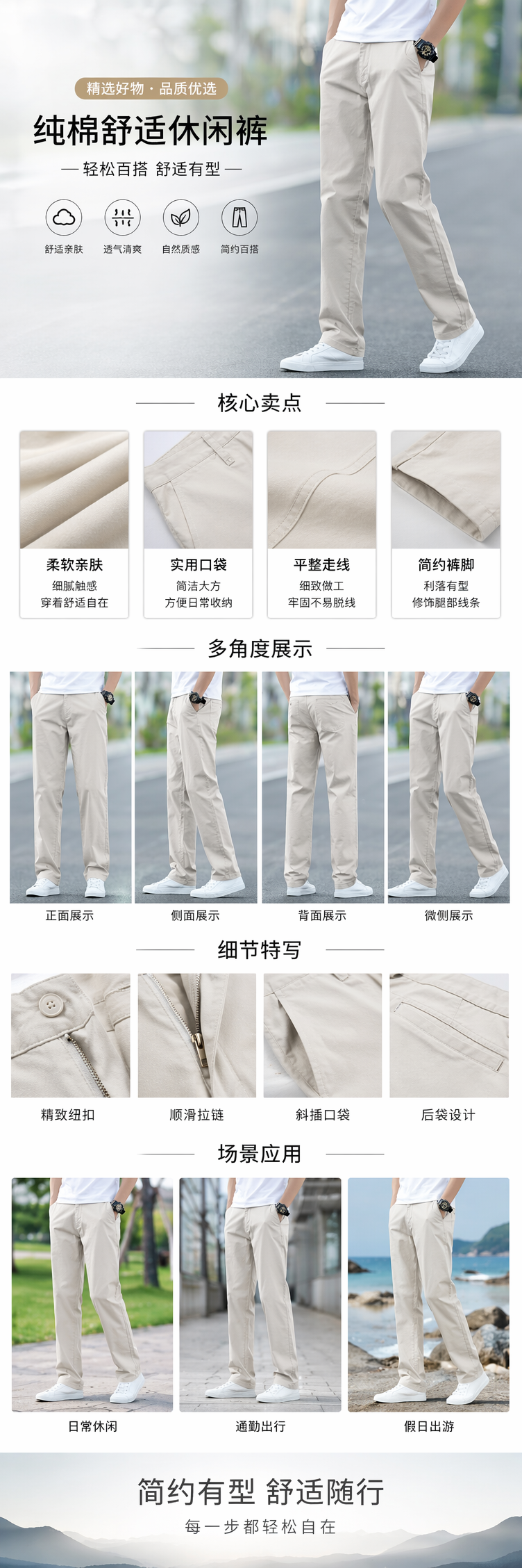 米色纯棉休闲裤男 白色T恤运动鞋搭配模特同款详情1