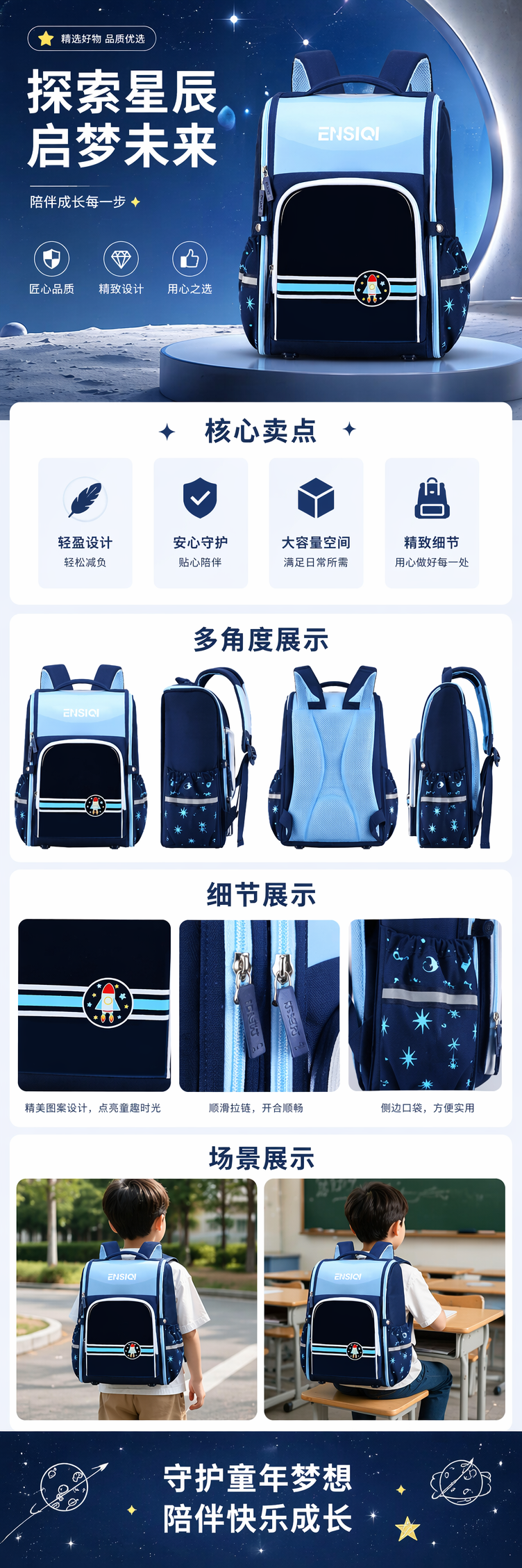 蓝色星空主题儿童书包 时尚卡通轻便大容量小学生双肩包 pic 1