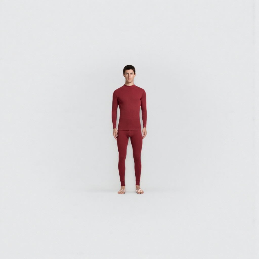 酒红色中领保暖内衣套装 男女同款加厚秋冬季