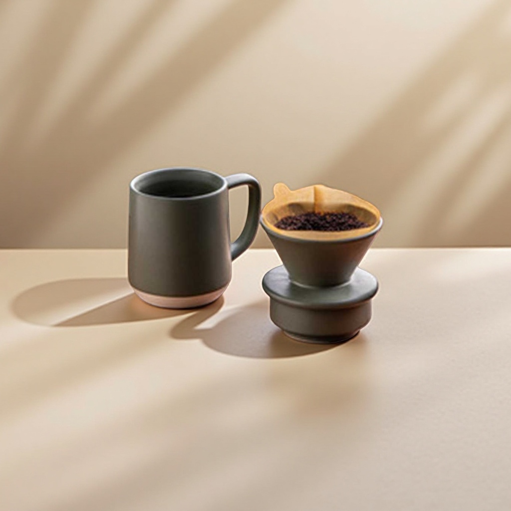 灰色手冲咖啡杯套装，含陶瓷马克杯与滤杯组件产品图