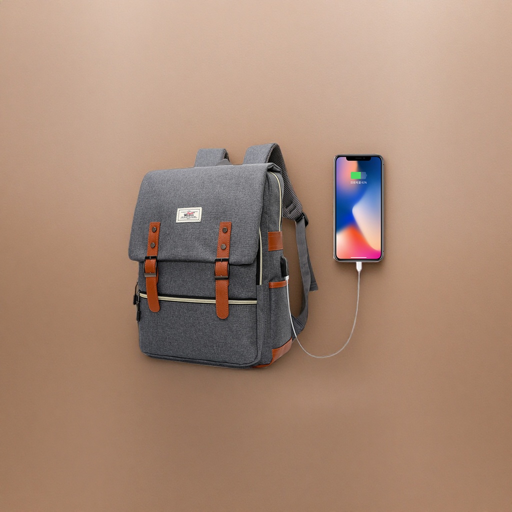 A grey backpack with brown leather trim and a USB charging port for mobile phone charging Application Scenario
