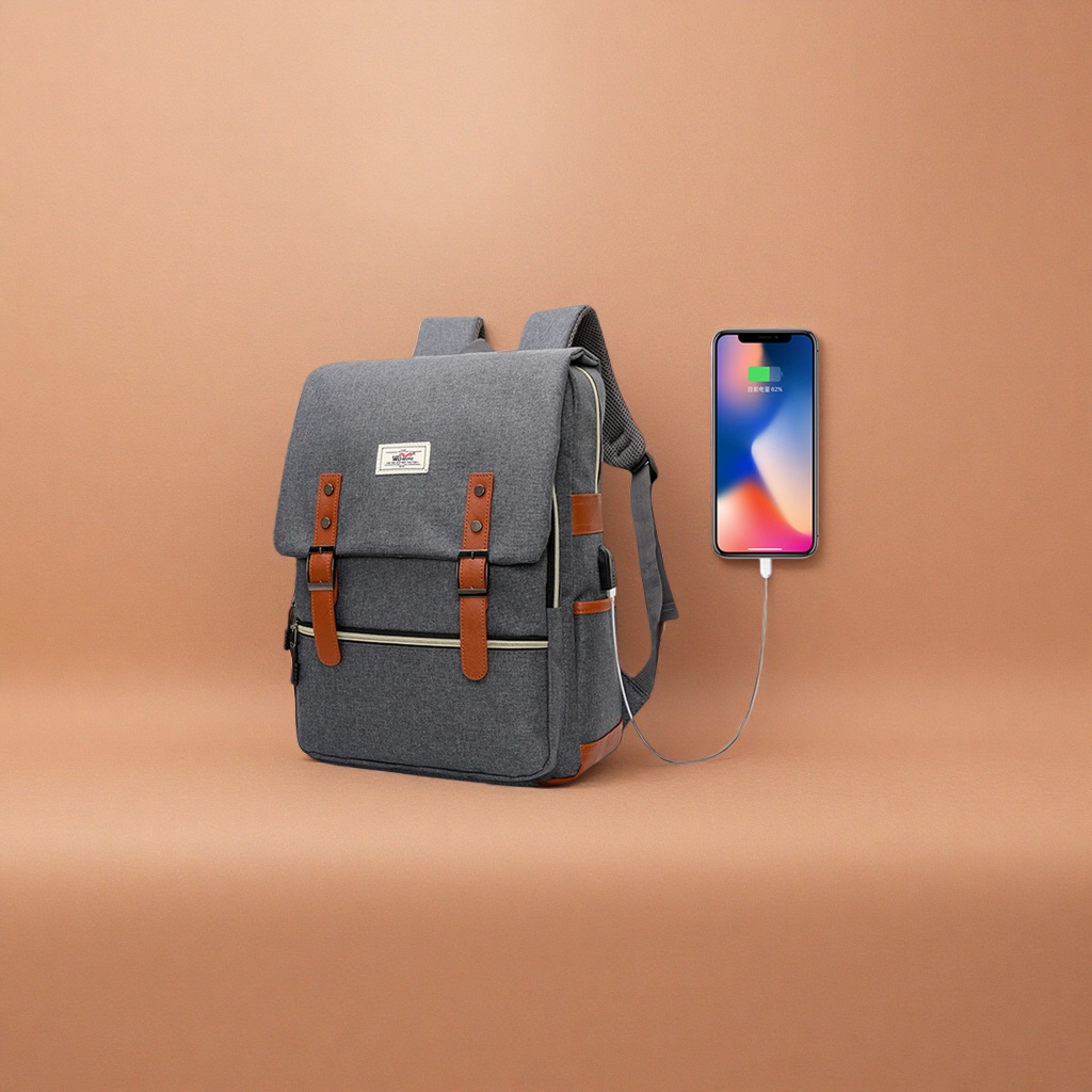 A grey backpack with brown leather trim and a USB charging port for mobile phone charging details Picture