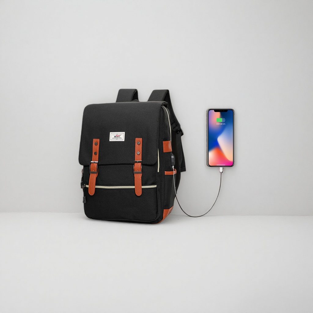 Чёрный двухплечевой мешок с коричневой коркой и боковой USB-порт для зарядки телефона Specification image