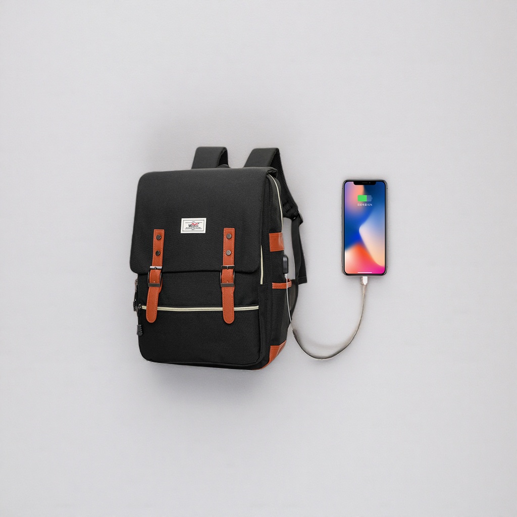 Чёрный двухплечевой мешок с коричневой коркой и боковой USB-порт для зарядки телефона details Picture
